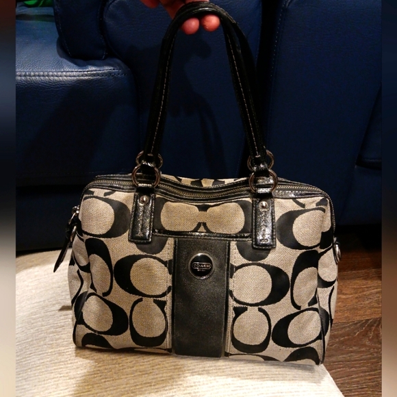 COACH Signature Stripe Black & Gray Handbag Satchel Purse - Picture 1 of 6